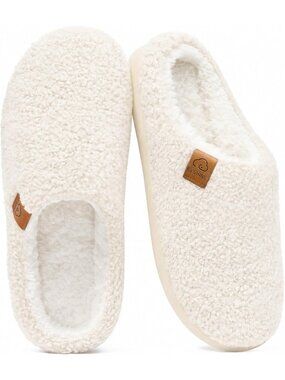 〽️Women's White Fuzzy Slippers Curly Fleece Closed Toe Bedroom Slip House Shoes